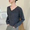 Nuevas Camisetas de Color Puro para Otoño e Invierno con Aspecto Holgado, Cálido y Adelgazante Estilo Perezoso Cuello en V Cachemir Camisetas de Punto para Mujer