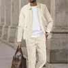 Conjunto casual de cor sólida transfronteiriço para homens, cardigã de malha waffle com bolso com zíper e gola reversível para primavera e outono, com conjunto de calças compridas casuais