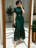 Vestido sirena ajustado estilo retro europeo y americano 873W, diseño nuevo con cuello semi-alto, mangas abullonadas y detalles de encaje en patchwork en la cintura