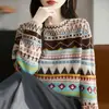 Suéter de Punto Pulóver Versátil de Cuello Redondo Estilo Étnico Retro para Mujer Elegante Bloque de Color Jacquard Holgado Top Base