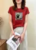 Camiseta feminina de algodão canelado com fonte física de treze fileiras, direto da fábrica, top justo de manga curta, fornecimento exclusivo da segunda leva de verão