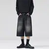 Jeans cropped de perna larga lavado estilo coreano de verão para homens e mulheres, corte solto, tamanhos grandes, silhueta emagrecedora, shorts retos, calças de comprimento médio da moda