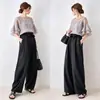 Nuevo Conjunto de Dos Piezas Verano 2026 Cuello Redondo Encaje con Parches Top de Manga Corta Multicapa Bolsillo de Parche con Lazos Pantalones Largos de Pierna Ancha