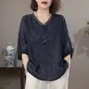 Blusas de Manga Corta de Verano, Camisas Sueltas de Seda y Lino, Tops Delgados de Estilo Retro para Mujer, Bordados, Sudeste Asiático, Otros