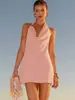 Roupas Femininas Europeias e Americanas Novas Transfronteiriças Vestido Curto Sexy Elegante com Gola Ampla Alças Halter Fivela de Metal Sexy