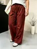 Calça casual feminina plus size com cintura elástica e cordão, perna larga, coleção outono 2026, calça longa reta solta para mulheres