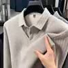 Suéter Falso de Duas Peças do Papai Camisa Base Quente Pulôver de Inverno Lã Grossa Top Polo Masculino para Meia-Idade e Idosos