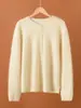Novo Cardigan de Malha Gola Redonda em Lã Cashmere Fio Grão Dourado Outono/Inverno 2026 com Botões de Pérola, Suéter de Lã Escovada Manga Longa