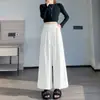 Calça larga de sarja com textura de bambu, imitando algodão e linho, para mulheres, novo estilo de outono, cintura alta, modelagem solta, casual, com fendas laterais, calça reta cropped