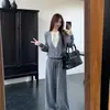 Conjunto Casual Gola V Falso Duas Peças Suéter de Manga Longa Feminino 2025 Outono Calça Wide Leg de Cintura Alta Conjunto de Duas Peças