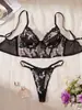 Conjunto de lencería europeo y americano transfronterizo nuevo y sexy de espina de pez con bordado de malla floral y tanga transparente y seductora
