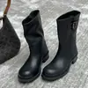 Hebilla de Cinturón Retro de Guangzhou Botas de Caballero Occidental Cuero Genuino Tacón Grueso Botas de Media Pantorrilla Arrugadas Acumuladas Botas de Mujer Estilo Japonés Botas Acumuladas