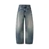 Jeans azul lavado retro americano com aspecto desgastado, corte curvo para homens, novo estilo de outono, calças retas largas soltas