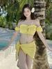 Deseo Puro Pequeño Estilo Chanel Elegante Diosa Sin Tirantes Hombro Sexy Abertura Conjunto de Tres Piezas Traje de Baño Pecho Pequeño Traje de Baño para Mujer