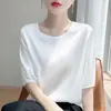 Estilo nuevo de verano, satén de acetato, cuello redondo, manga tres cuartos, top tipo camisola de color liso, prenda exterior talla grande para mujer