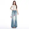 Jeans acampanados ajustados para mujer estilo callejero americano, color Naranja Juvenil # con bolsillos traseros de solapa, estilizan y son versátiles, acabado lavado