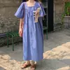 Em Estoque, Fotos Reais de Vestido Quadrado Azul Leite Macio Estilo Chic Coreano com Clavícula Exposta, Comprimento Longo, Mangas com Babado, Disponível em 3 Cores