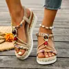 Comercio exterior, transfronterizo, talla grande, de una tira, sandalias de tacón de cuña, estilo bohemio de verano, de punta redonda, sandalias de tacón alto de suela gruesa para mujer
