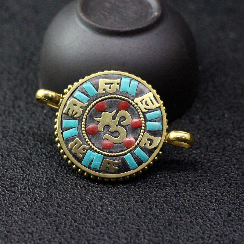 复古尼泊尔手工牌子藏式黄铜镶嵌吊牌项坠挂饰DIY饰品项链配件