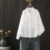 Blusa de algodão estampado japonês para primavera 2025, gola pequena, manga comprida, atacado