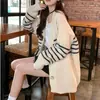 Jaqueta Cardigan de Tricô Listrada com Contraste de Cores Novo Estilo Retrô para Outono e Inverno para Mulheres, Suéter Casual de Gola V Solto e Preguiçoso para Mulheres