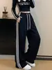 Pantalones de chándal grises a rayas estilo americano para mujer, nueva colección de otoño, pantalones casuales de pierna recta de cintura alta para mujeres petite