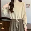 Suéter casual simples de cor sólida estilo coreano para mulheres baixinhas, moda outono e inverno, gola redonda, cordão, tricô pulôver solto, moderno