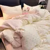 Juego de Sábanas de Algodón Puro Lavado Súper Suave Estilo Japonés Color Crema con Lunares Blancos Juego de Cuatro Piezas Funda Nórdica Juego de Tres Piezas para Dormitorio de Estudiante 4