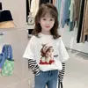 G2530 # Camiseta de Manga Larga para Niña Algodón Puro Primavera y Otoño 2025 Nuevo Estilo Niños Linda Estampada Cuello Redondo Falso Dos Piezas para Niñas