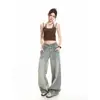 Jeans Feminino de Marca Tendência Retro Jeans de Sarja Lavada Desgastada Patchwork Estampa de Leopardo Americano Peça Falsa Dupla Calças Longas Largas Soltas