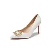 9169A-233 Zapatos de Tacón Alto con Encaje, Brillo y Pedrería para Mujer, Puntiagudos, Stilettos, Beige, Hebilla Cuadrada, Zapatos de Noche