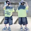 Conjunto de Camisa Polo Tie-Dye de Verano para Niños, Marca de Moda Conjunto de Dos Piezas de Moda con Pantalones Cortos de Mezclilla Sueltos de Manga Corta para Niños Mayores