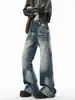 Jeans de calle lavados con bigotes para hombre, pantalones acampanados azules de moda estilo americano para otoño, pantalones rectos geniales vintage