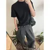 Calça Casual Xadrez Preta Estilo Old Money para Homens, Verão Fina Retro Americana Modelagem Solta Roupa de Trabalho Tecido Seersucker Barra Curva