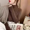 Camiseta base de punto de manga larga para mujer con cuello alto blanco, cuello medio alto, suéter ajustado de otoño e invierno, top corto para usar en capas