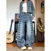 Jeans rectos de pierna ancha para mujer, estilo retro americano, lavados, con botones diagonales, diseño único, holgados, casual, versátiles.