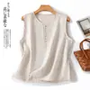 Chal de Color Sólido Simple Sin Mangas Delgado de Algodón y Lino Talla Grande para Mujer de Botonadura Única Cuello Redondo Top Exterior Casual