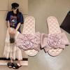 Pantuflas Planas con Lazo y Flor Estilo Tweed para Temporada de Primavera y Otoño, Pantuflas Suaves de Suela Blanda para Casa, Sandalias Antideslizantes para Usar Afuera