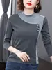 Derong Camiseta Interior para Mujer Otoño e Invierno Nueva Empalme de Cuello Camiseta de Terciopelo Cepillado Doble Cara para Mujer Aspecto Adelgazante