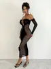 Vestido Tubinho Bodycon de Um Ombro Cruzado Europeu e Americano com Manga de Rede para Festa em Boate Sexy com Recorte