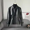 Haining Primavera e Outono Novo Curto Couro Genuíno Feminino Estilo Cordão Emagrecedor Pele de Ovelha Coreano Casual Casaco Feminino