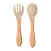 Popular juego de utensilios de silicona para alimentación de bebés, cuchara y tenedor, disponible en stock, cuenco de caracol con ventosa, cuchara infantil de combinación de madera de haya