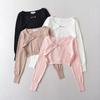 Estilo Europeo y Americano Otoño Nueva Blusa de Punto para Mujer Color Puro Ajuste Slim Ombliguera Moda Cuello Redondo Recorte Manga Larga Mujer