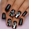 Parches para uñas de Navidad negros de longitud media con forma cuadrada europea, parches para uñas de moda europea y americana, uñas desmontables y ponibles