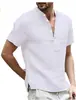 Nueva Camiseta de Algodón y Lino de Manga Corta para Hombre de Verano con Cuello Vertical de Botón y Media Apertura en la Parte Delantera Camisa Simple de Manga Corta