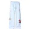 Pantalones Deportivos Casuales Trendy Hip Hop de Corte Recto Holgado con Estampado Floral 3D, Cordón y Puños Elásticos