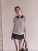Camisa polo listrada simples e versátil estilo college retrô francês para mulheres, manga curta, com gola, top com design de tricô 6508