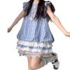 Vestido Xadrez Azul Estilo Francês para Meninas no Início do Verão 2025 Novo Manga Bufante Saia Princesa