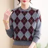 Suéter de tricô argyle estilo college para mulheres, meia-idade e idosos, gola redonda, manga longa, solto, estilo mãe, primavera e outono, top de temperamento elegante