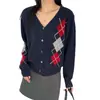 Suéter chaqueta de punto casual retro francés para mujer, con patrón de rombos en color de contraste, nuevo modelo otoño 2026